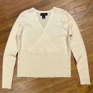 Mercer & Madison Sz Medium Beige Italian Merino Wool Faux Wrap Ribbed Sweater